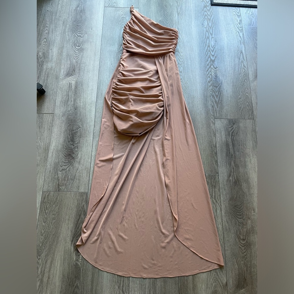 elliatt carrie tan one shoulder draped mesh long maxi gown prom wedding dress